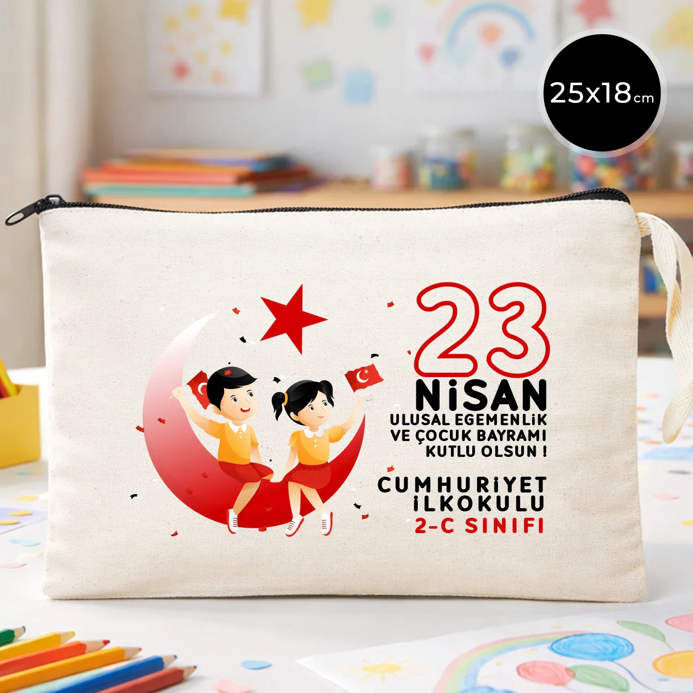 25x18 cm Ham Renk Astarsız Kalemlik - 23 Nisan Hediyesi (Okul-Sınıf Baskılı)