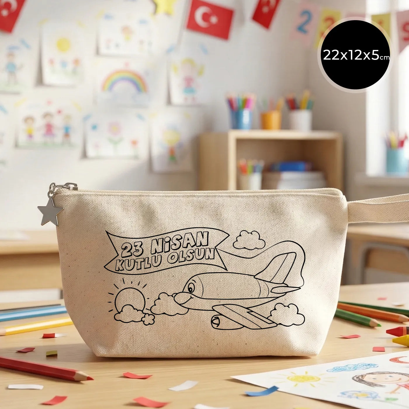 Boyanabilir 22x12x5 cm Körüklü Kanvas Kalemlik - 23 Nisan Hediyesi