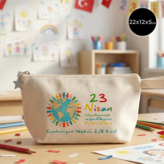 22x12x5 cm Körüklü Kanvas Kalemlik - 23 Nisan Hediyesi (Okul-Sınıf Baskılı)