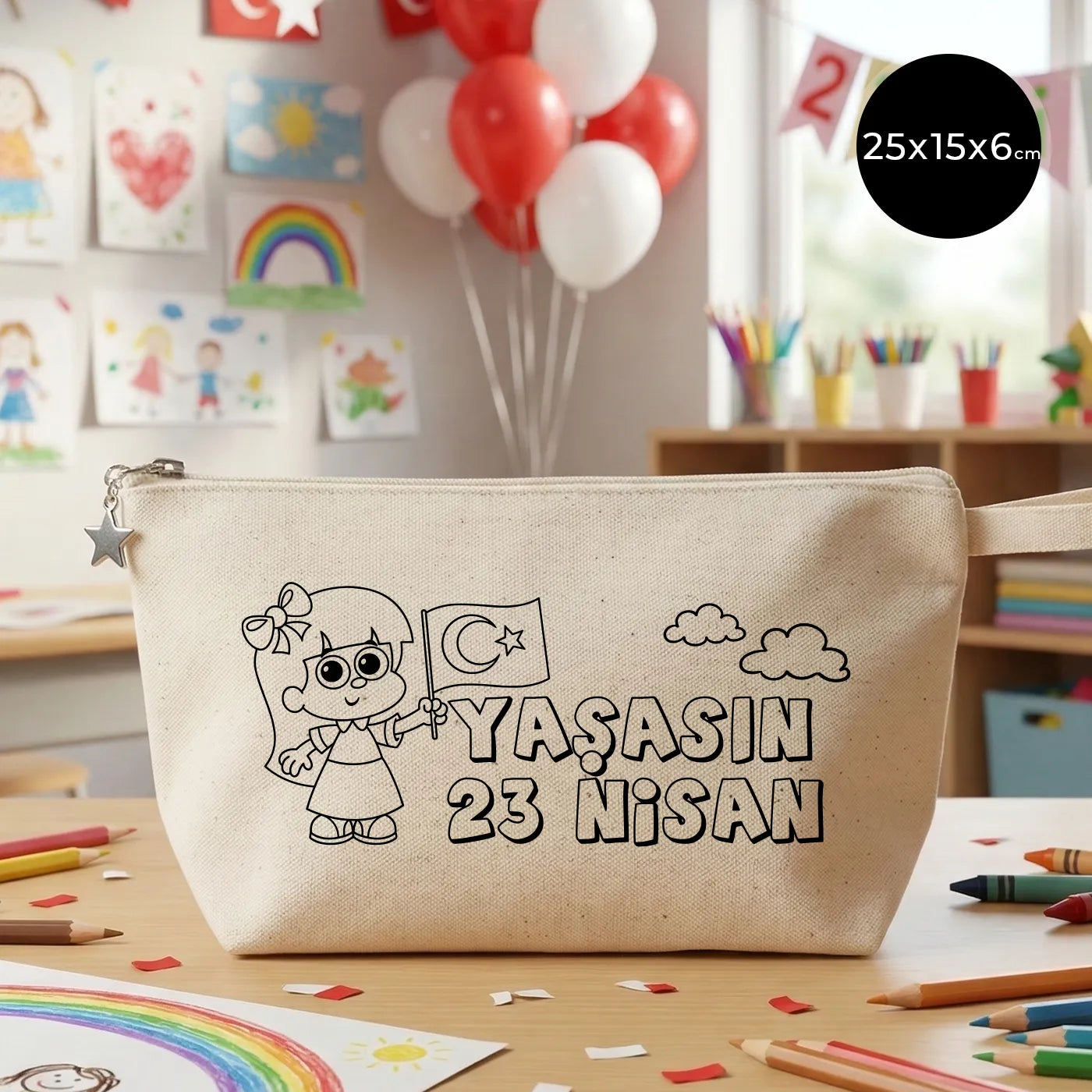 Boyanabilir 25x15x6 cm Kanvas Kalemlik Körüklü - 23 Nisan Hediyesi