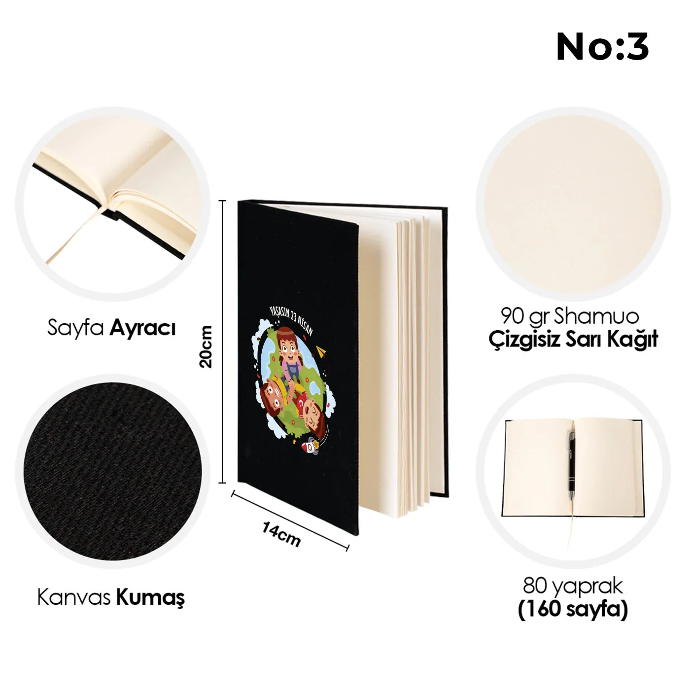 14x20 cm Siyah Kanvas Defter - 23 Nisan Hediyesi - yakın çekim