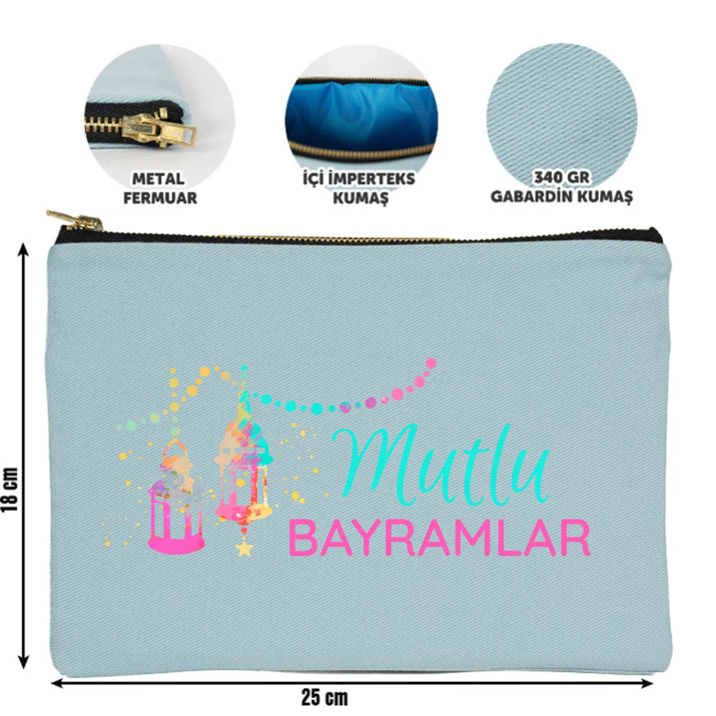 25x18 cm Açık Mavi Metal Fermuarlı Kalemlik - Harçlık & Şeker Cüzdanı - farklı açı