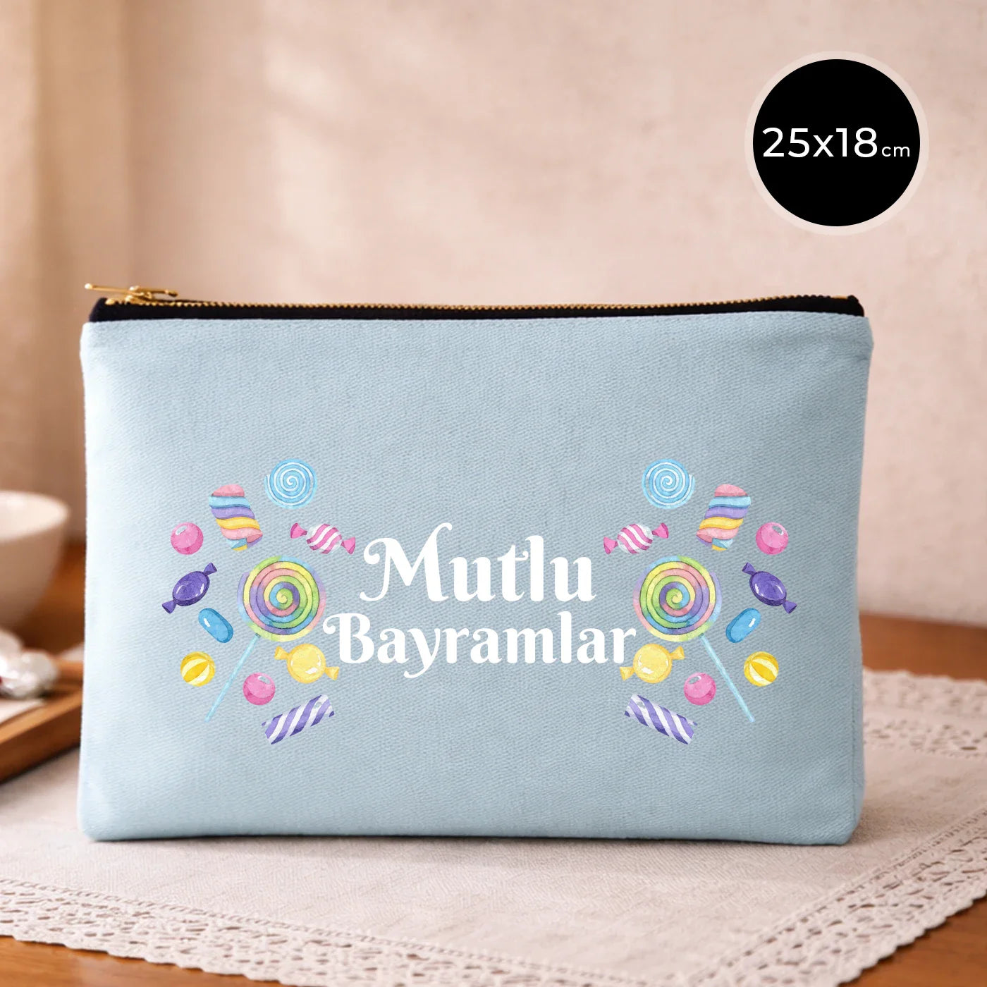 25x18 cm Açık Mavi Metal Fermuarlı Kalemlik - Harçlık & Şeker Cüzdanı