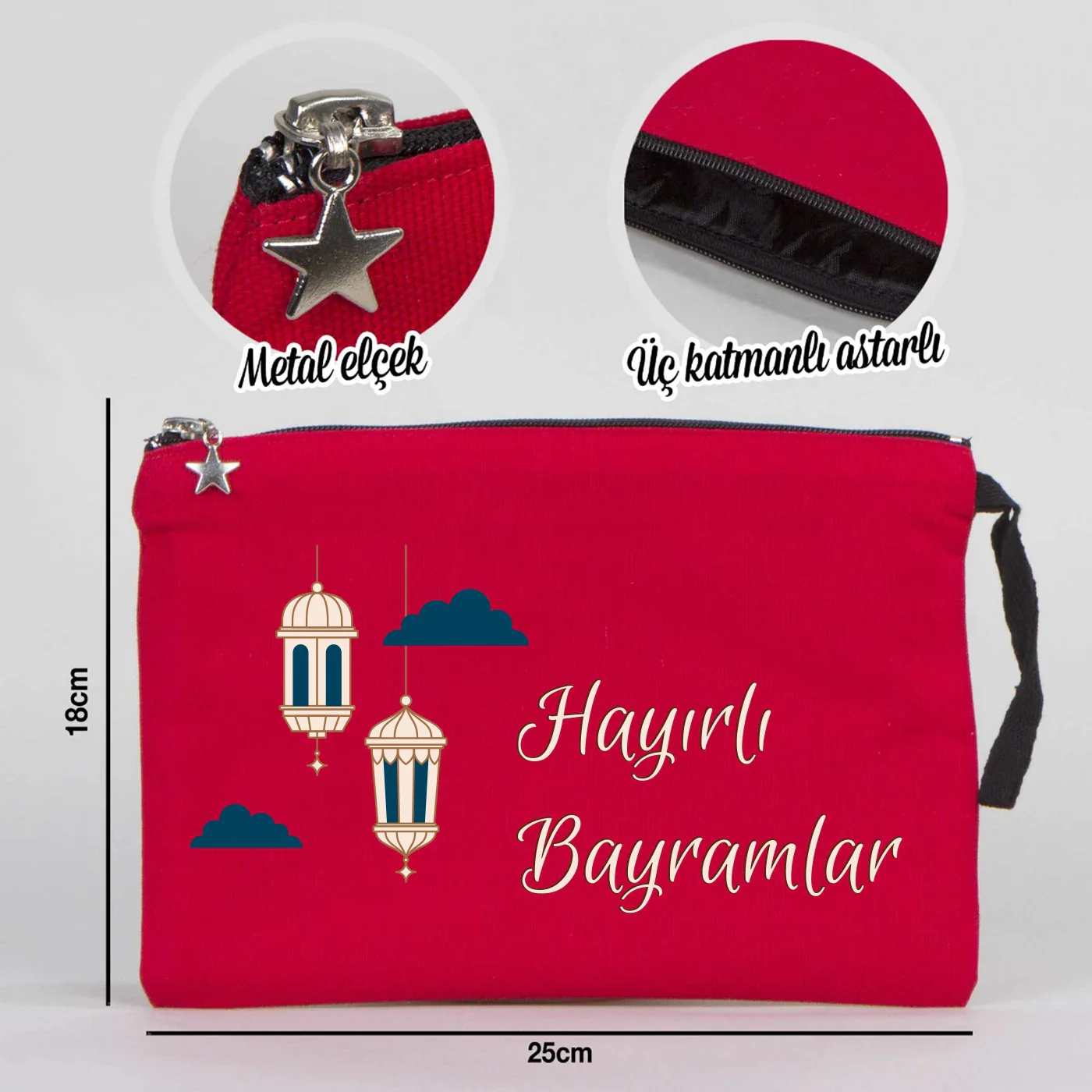 25x18 cm Kırmızı Astarlı Kanvas Kalemlik - Harçlık & Şeker Cüzdanı - farklı açı