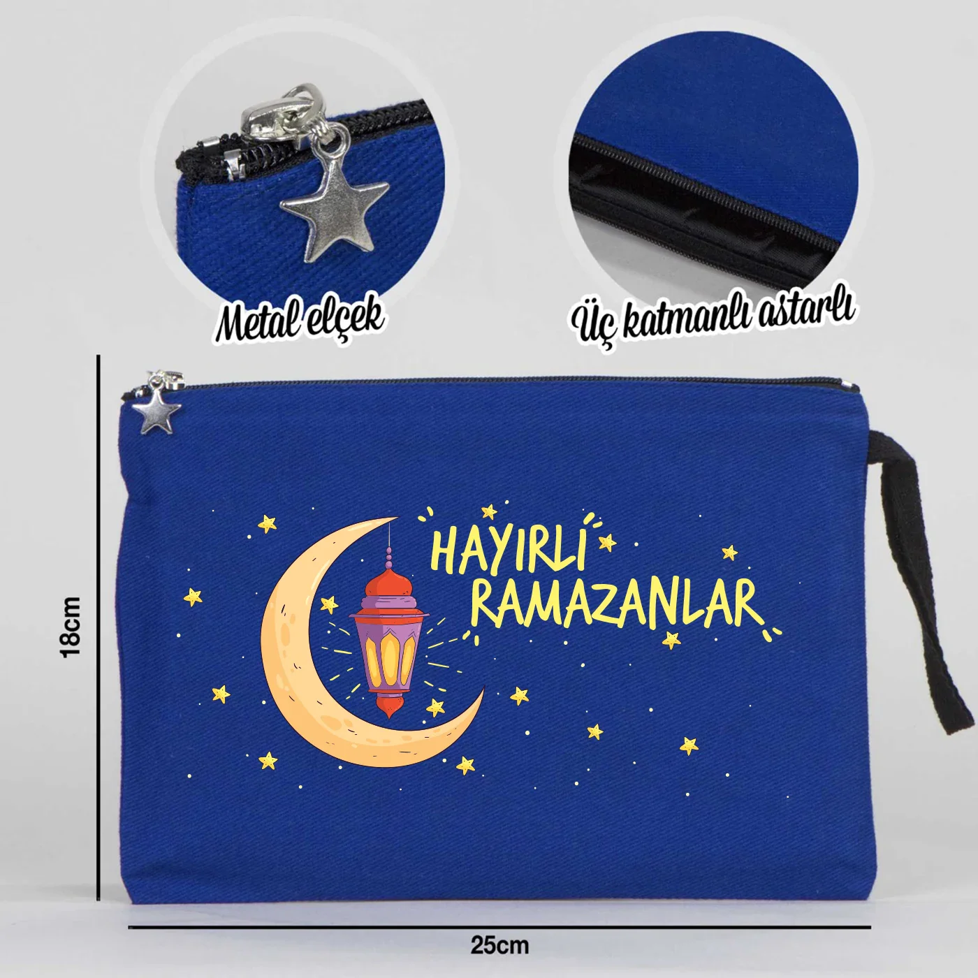 25x18 cm Mavi Astarlı Kanvas Kalemlik - Harçlık & Şeker Cüzdanı - farklı açı