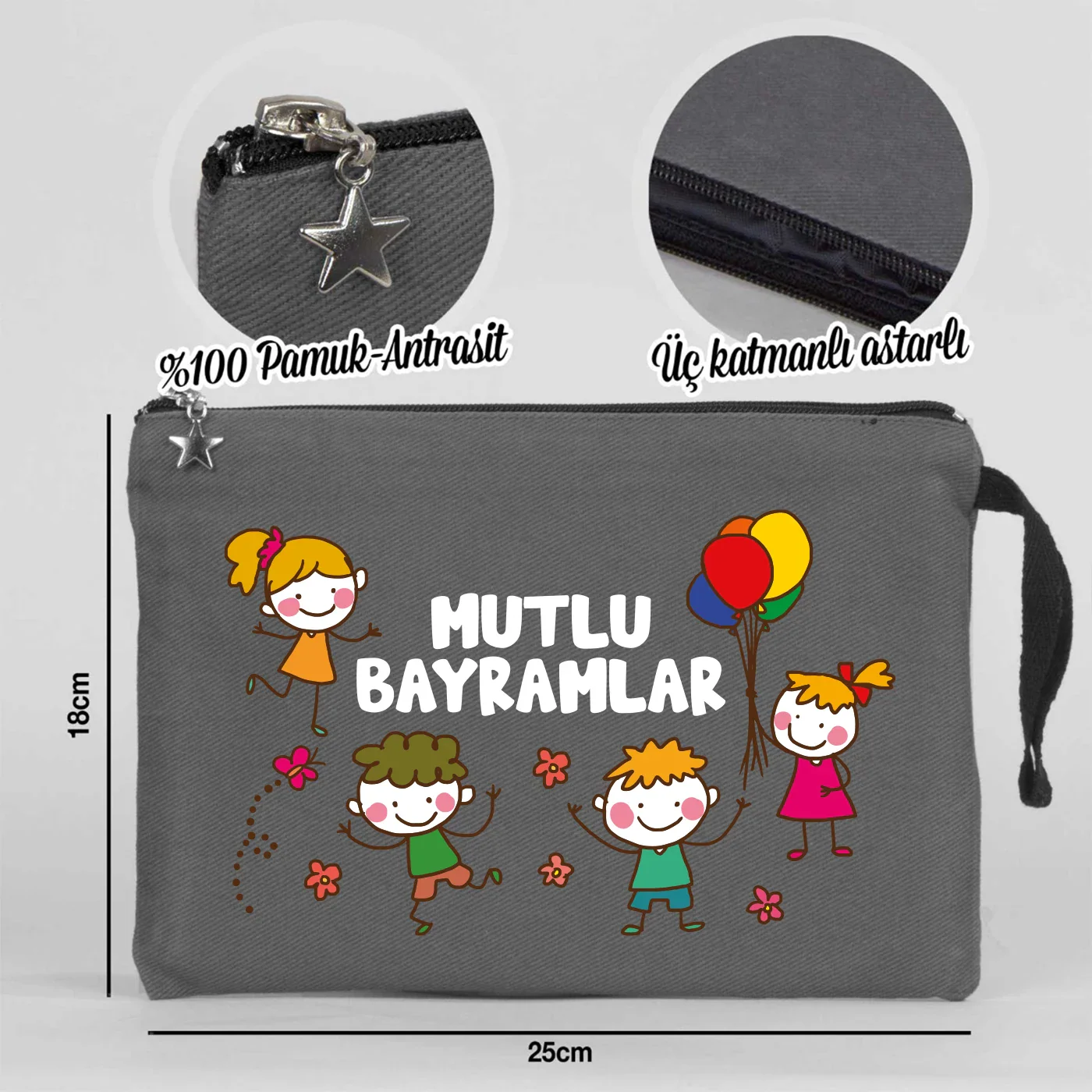 25x18 cm Antrasit Astarlı Kanvas Kalemlik - Bayram Harçlık Cüzdanı - farklı açı