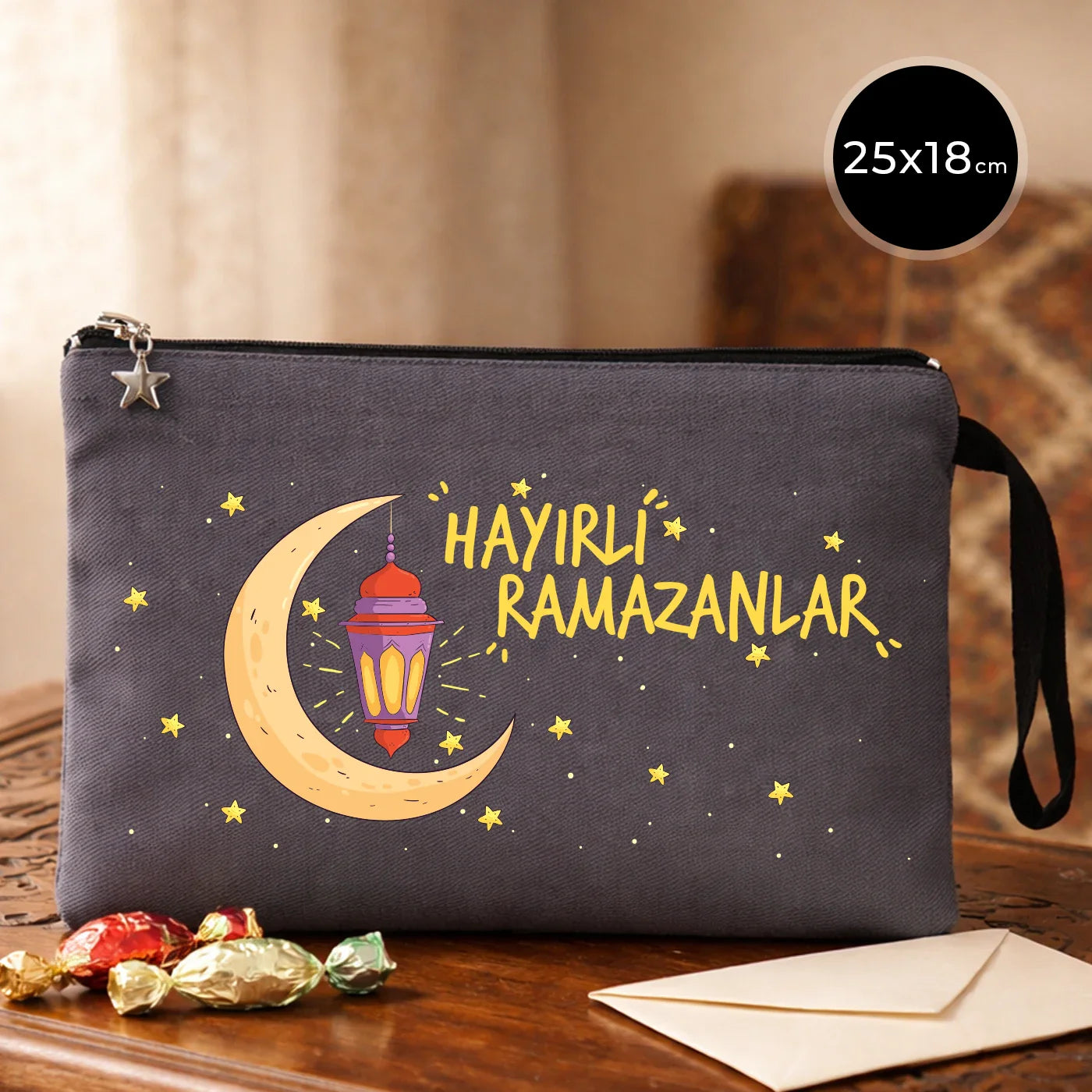 25x18 cm Antrasit Astarlı Kanvas Kalemlik - Bayram Harçlık Cüzdanı