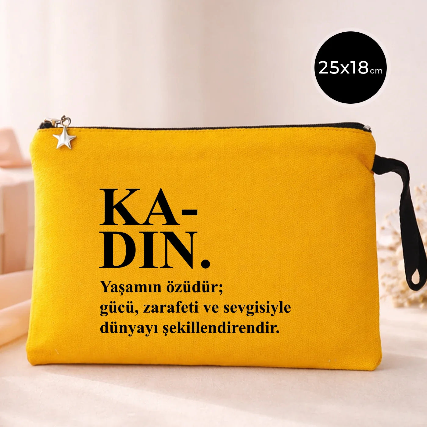25x18 cm Sarı Astarlı Kanvas Kalemlik - Kadınlar Günü Hediyesi