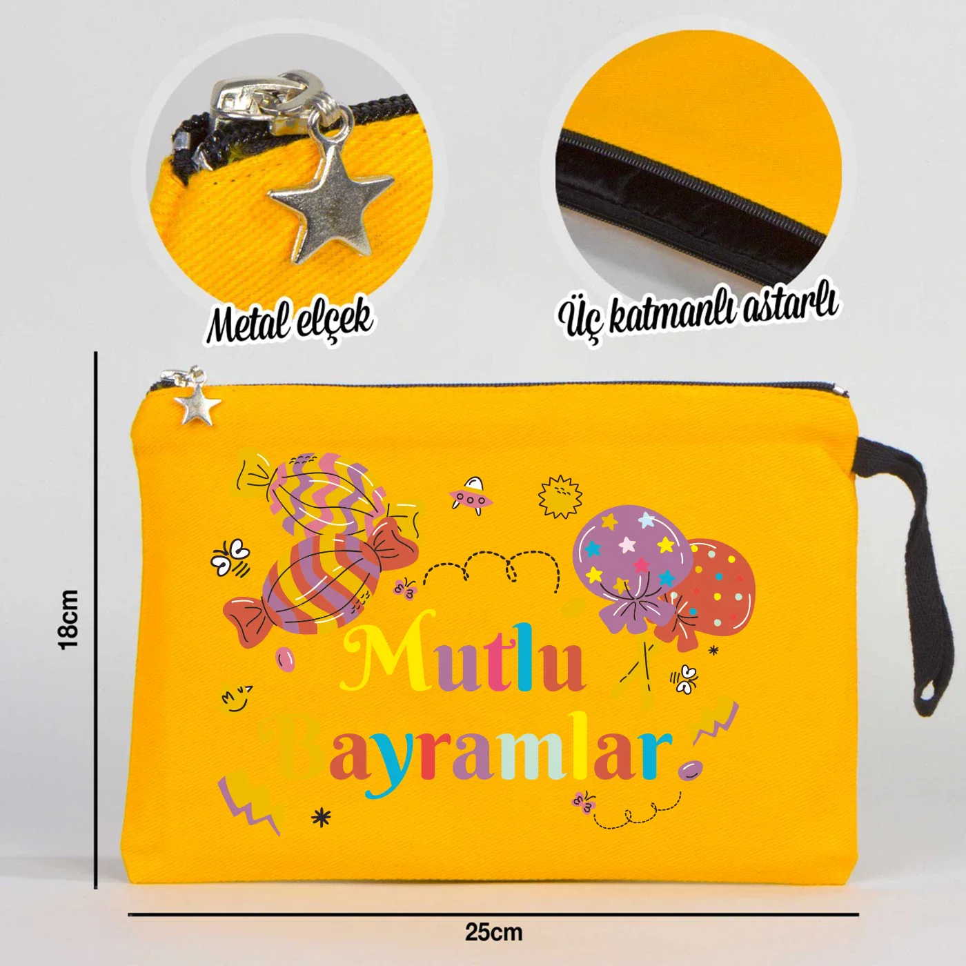 25x18 cm Sarı Astarlı Kanvas Kalemlik - Bayram Harçlık Cüzdanı - farklı açı