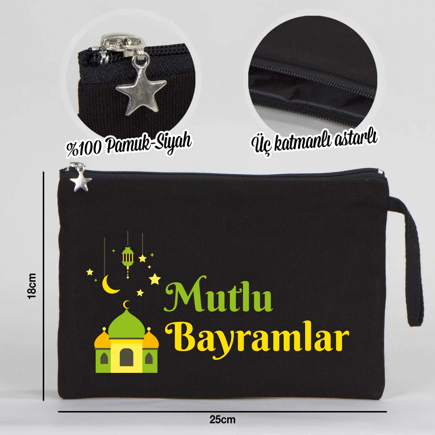 25x18 cm Siyah Astarlı Kanvas Kalemlik - Bayram Harçlık Cüzdanı - farklı açı
