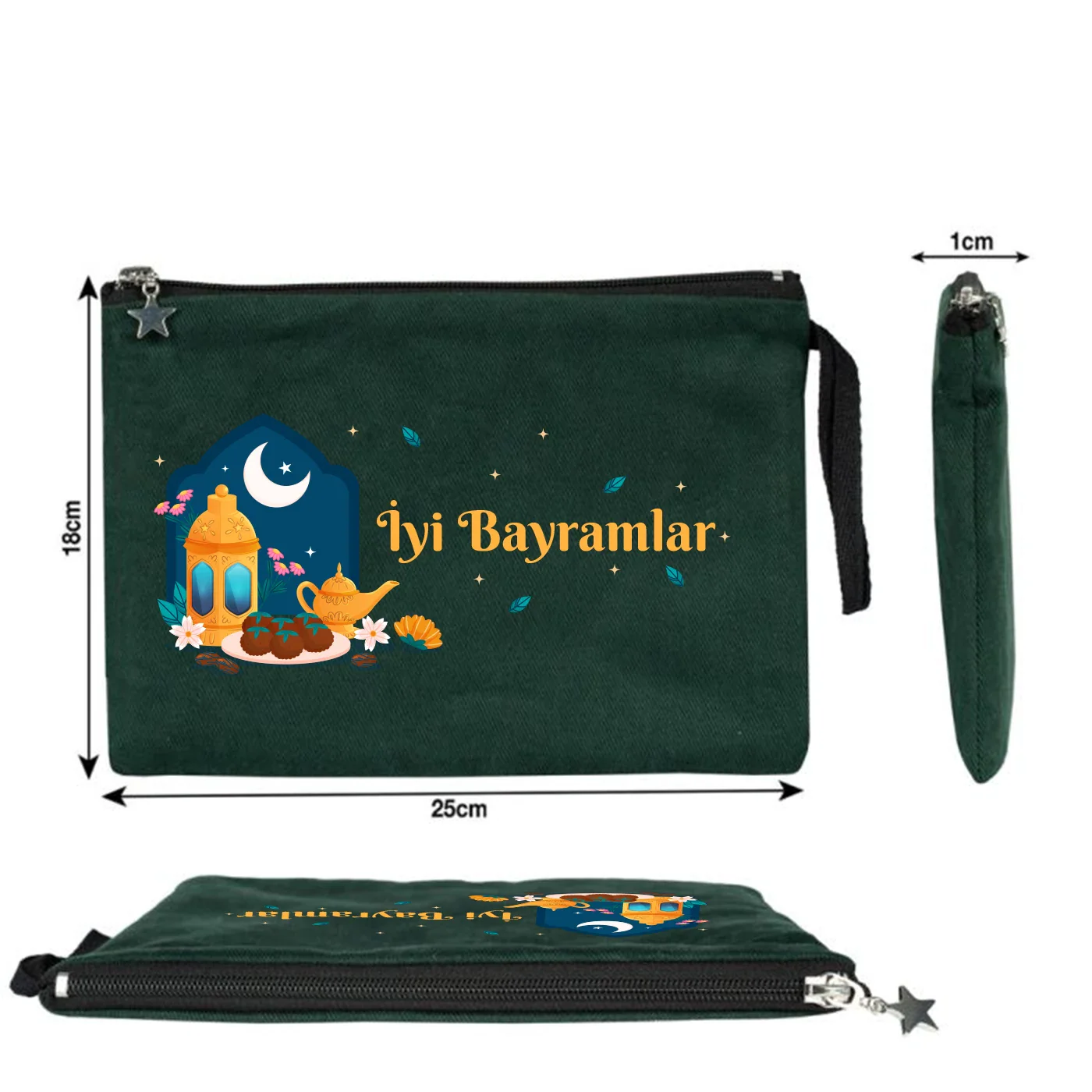25x18 cm Çam Yeşili Astarlı Kanvas Kalemlik - Harçlık & Şeker Cüzdanı - farklı açı