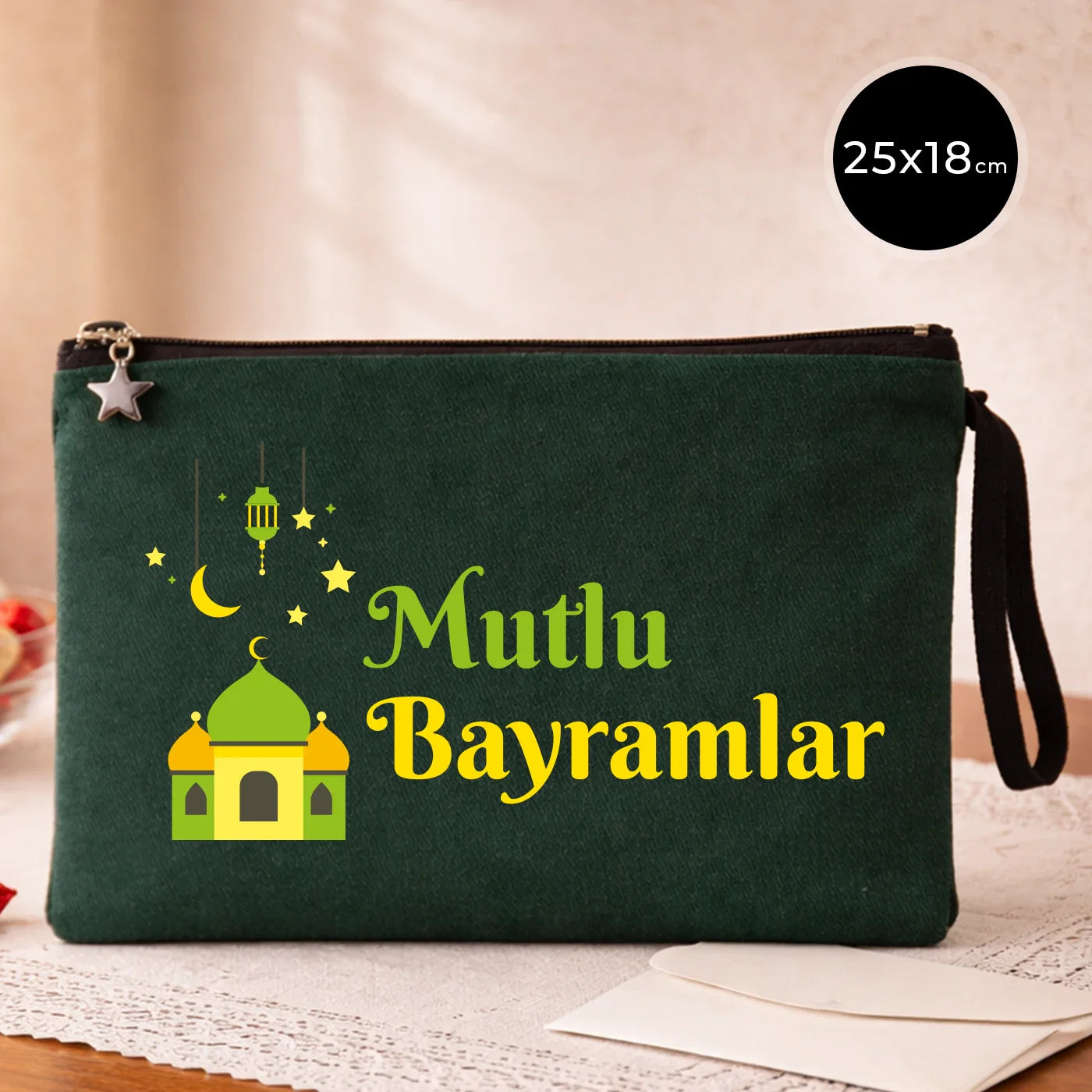 25x18 cm Çam Yeşili Astarlı Kanvas Kalemlik - Harçlık & Şeker Cüzdanı
