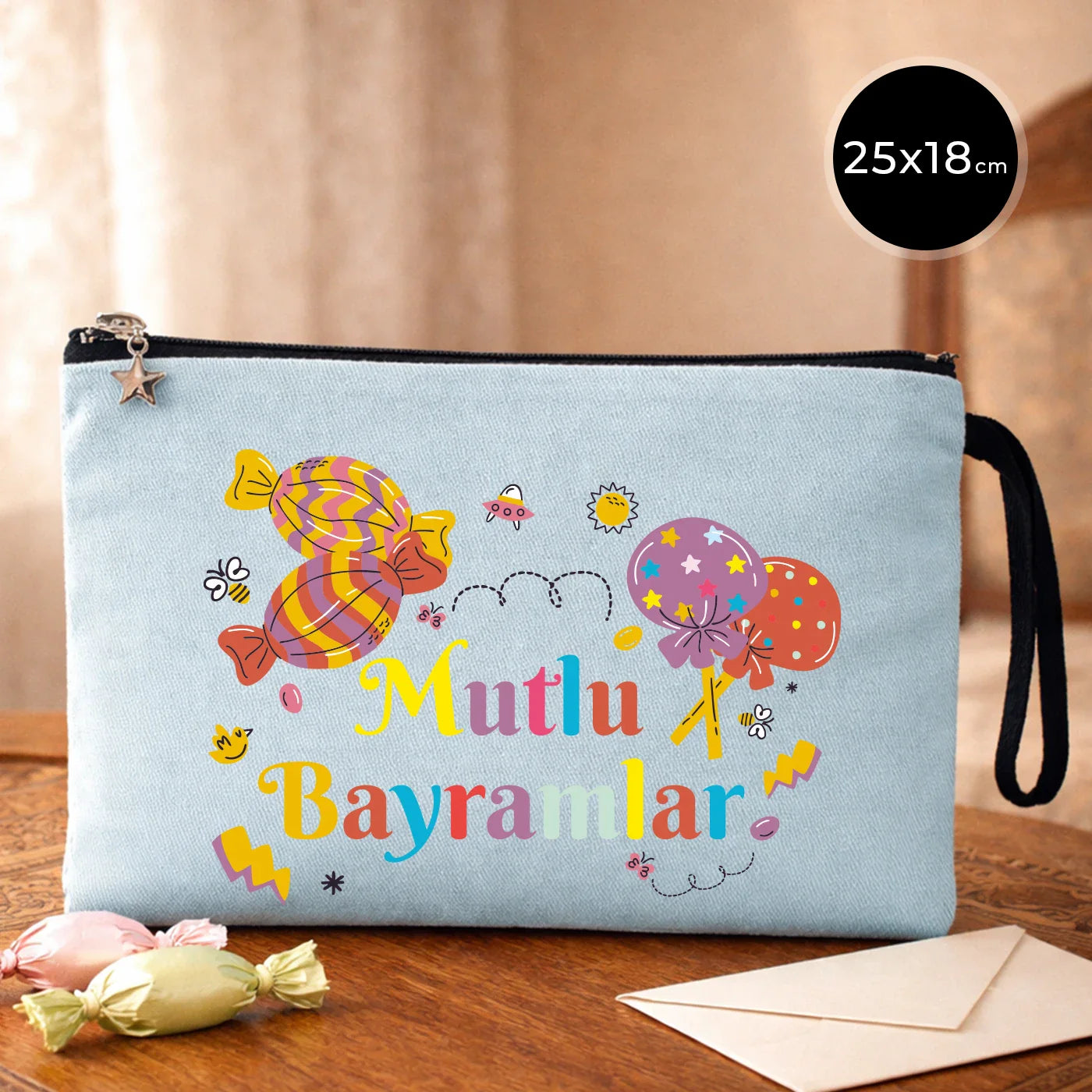 25x18 cm Açık Mavi Astarlı Kanvas Kalemlik - Harçlık & Şeker Cüzdanı