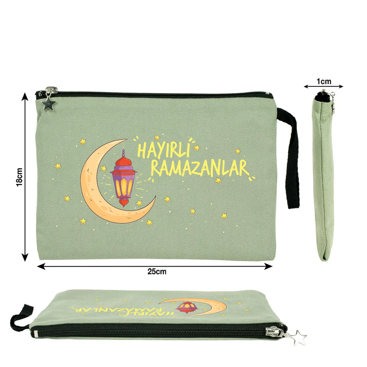 25x18 cm Mint Yeşili Astarlı Kanvas Kalemlik - Bayram Harçlık Cüzdanı - farklı açı