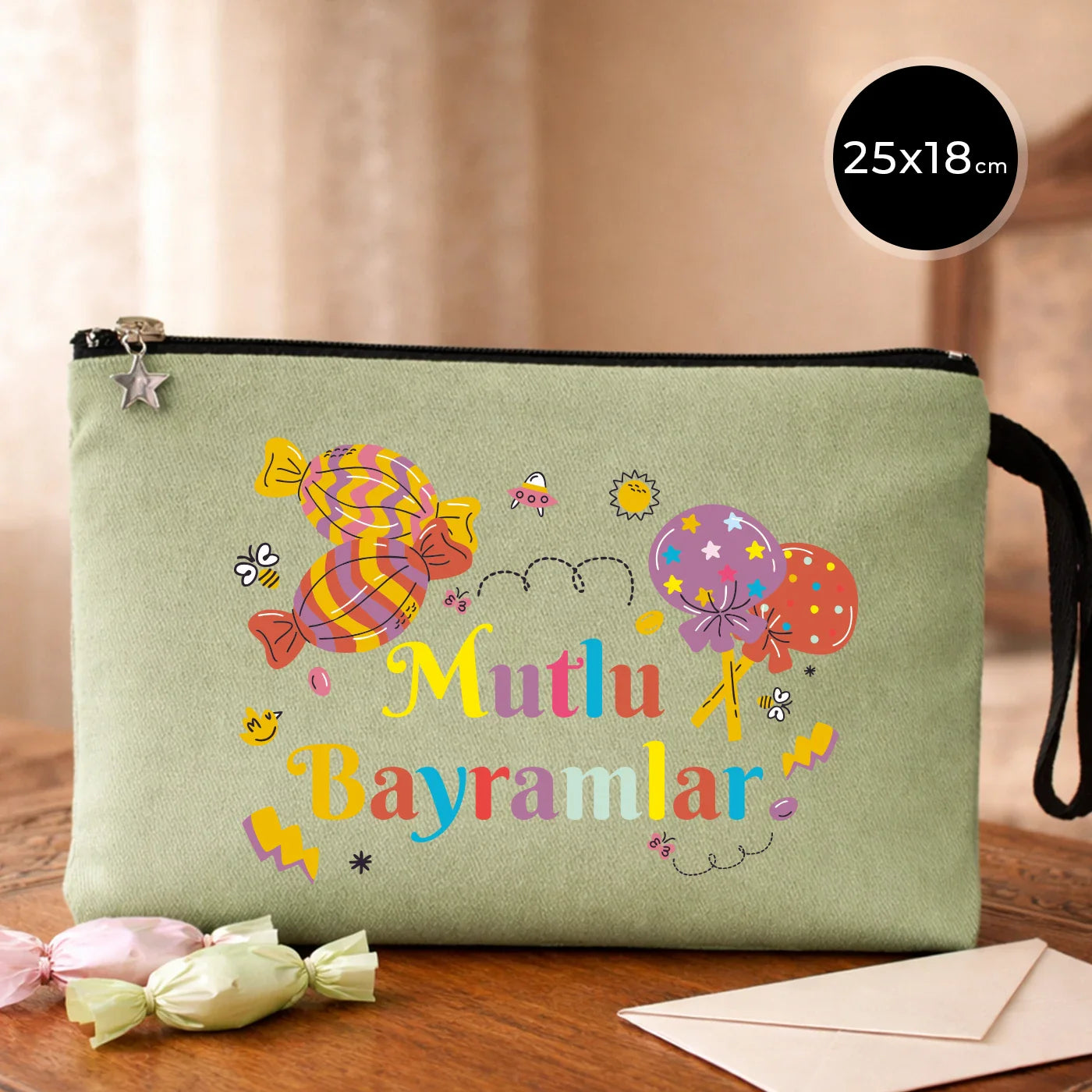25x18 cm Mint Yeşili Astarlı Kanvas Kalemlik - Bayram Harçlık Cüzdanı