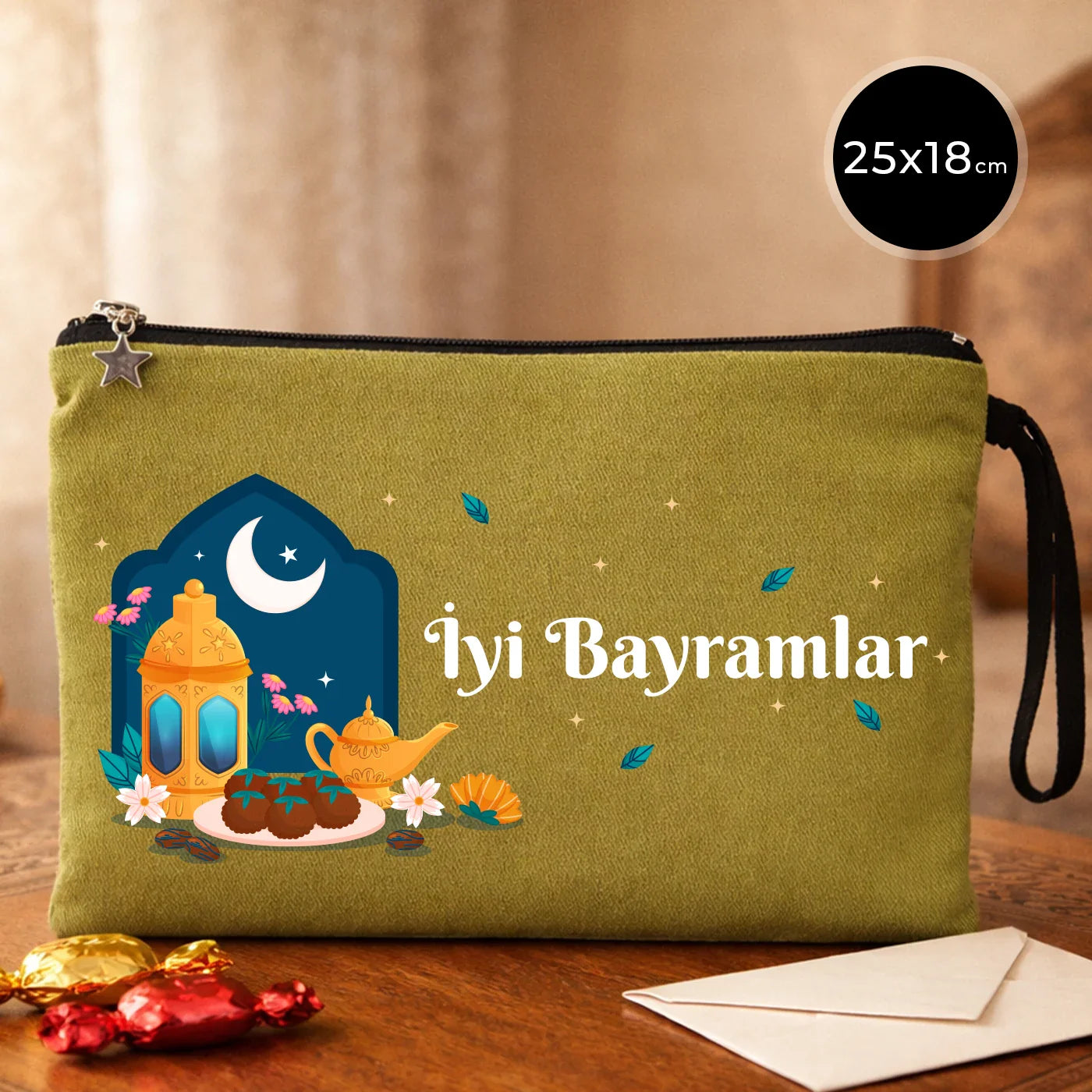 25x18 cm Yeşil Astarlı Kanvas Kalemlik - Harçlık & Şeker Cüzdanı