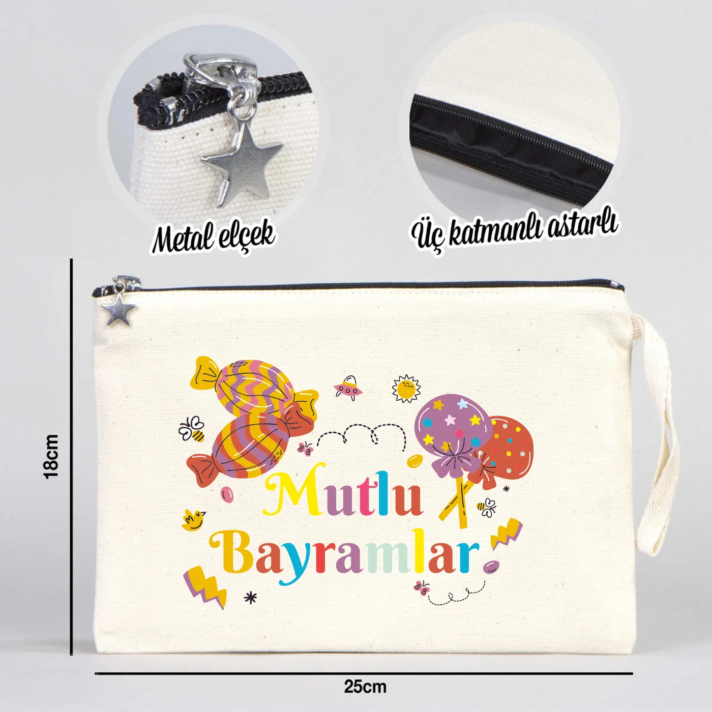 25x18 cm Astarlı Kanvas Kalemlik - Bayram Harçlık Cüzdanı - farklı açı