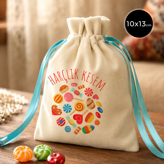 10x13 cm Turkuaz Renk İp Kadife Gül Kese - Bayram Harçlık Kesesi