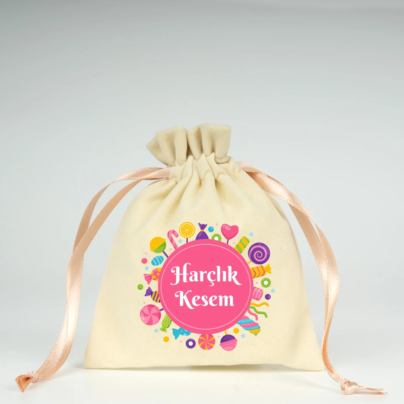10x13 cm Pudra Renk İp Kadife Gül Kese - Bayram Harçlık Kesesi - detay görünüm