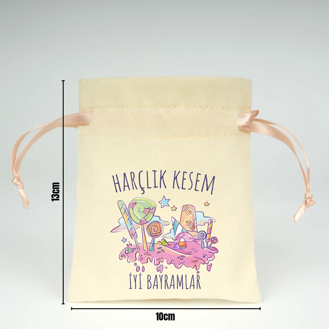 10x13 cm Pudra Renk İp Kadife Gül Kese - Bayram Harçlık Kesesi - farklı açı