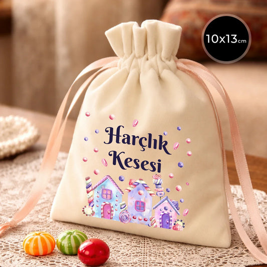 10x13 cm Pudra Renk İp Kadife Gül Kese - Bayram Harçlık Kesesi