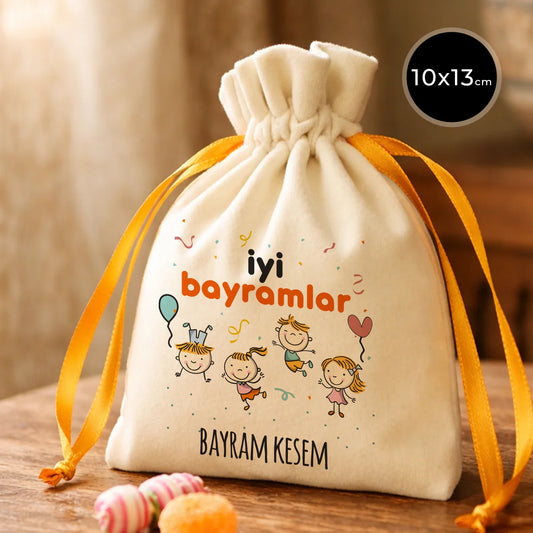 10x13 cm Turuncu Renk İp Kadife Gül Kese - Bayram Harçlık Kesesi