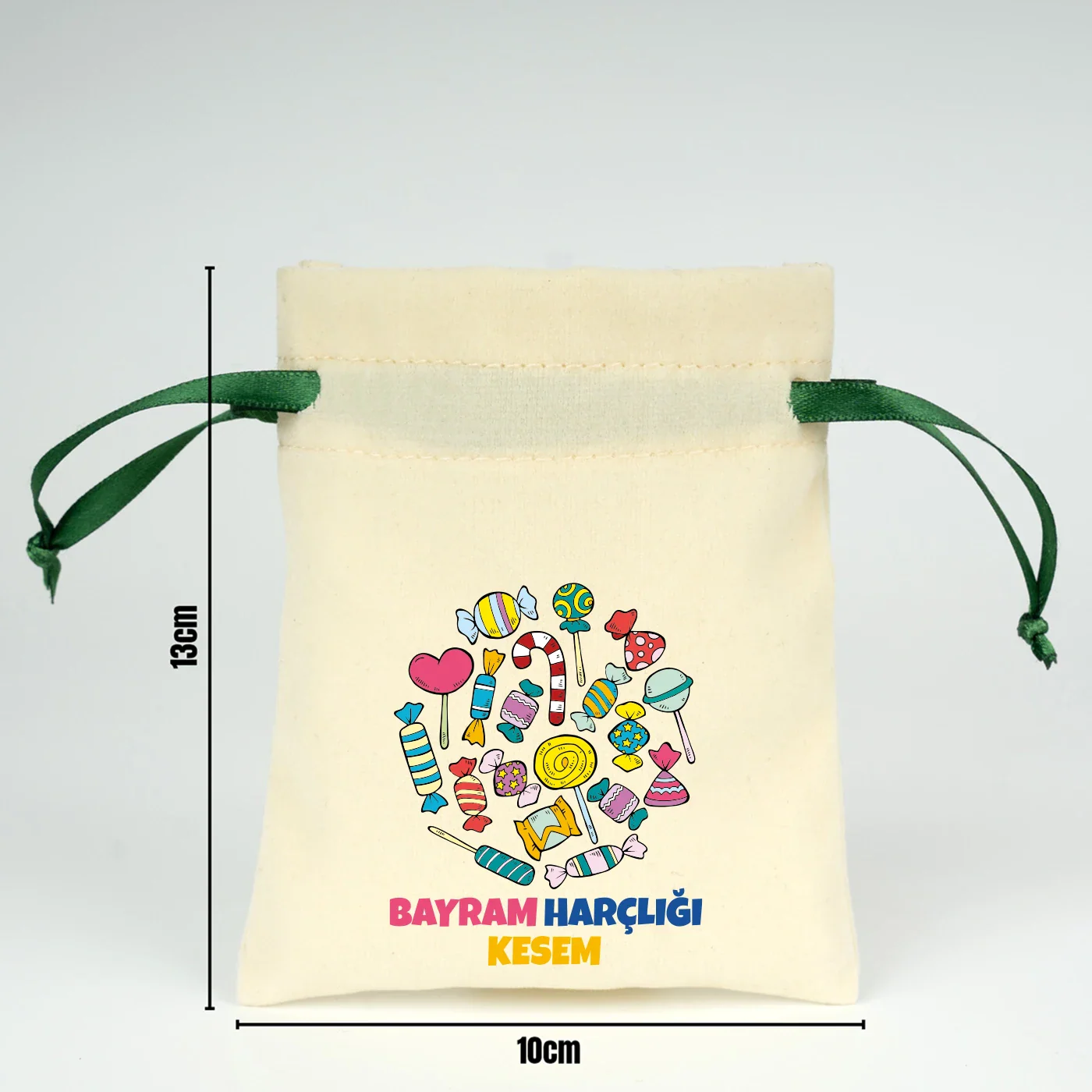 Kadife Gül Kese 10x13 cm Yeşil Renk İp - Bayram Kesesi - yakın çekim