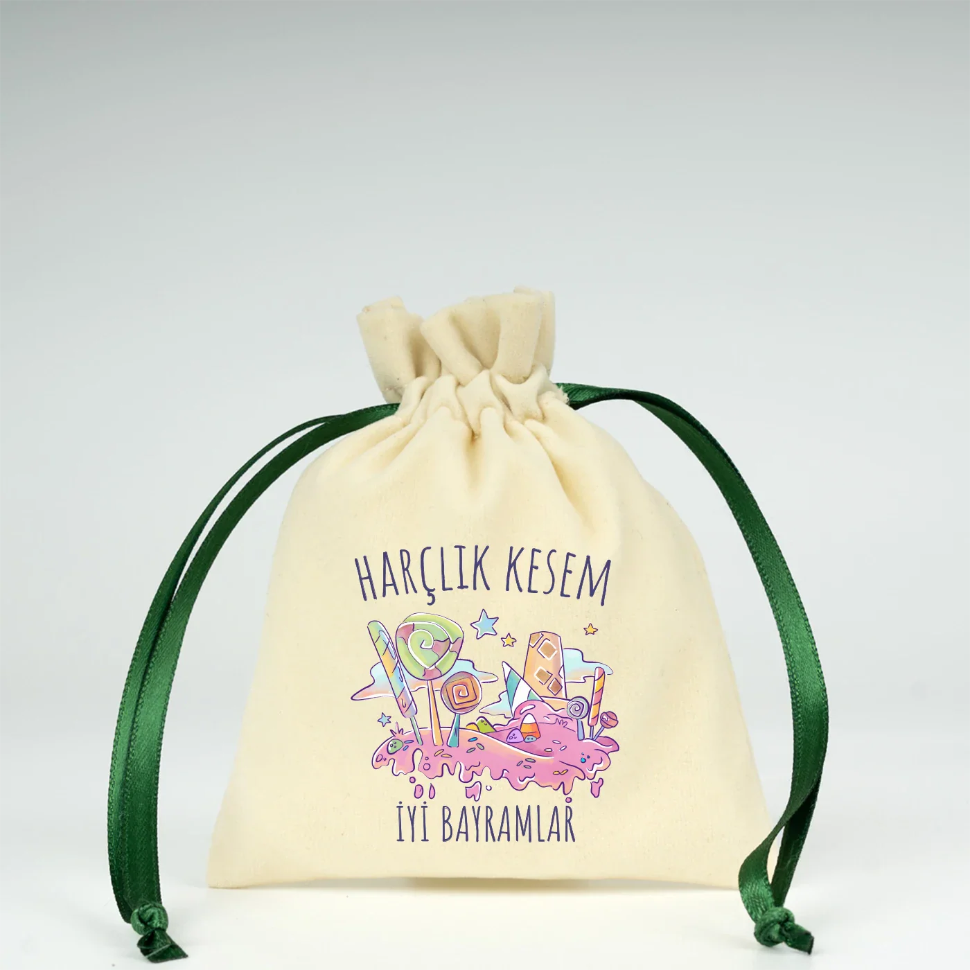 Kadife Gül Kese 10x13 cm Yeşil Renk İp - Bayram Kesesi - detay görünüm