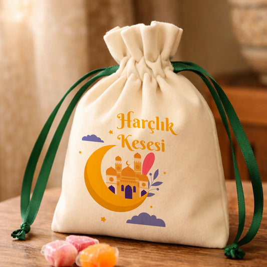 Kadife Gül Kese 10x13 cm Yeşil Renk İp - Bayram Kesesi