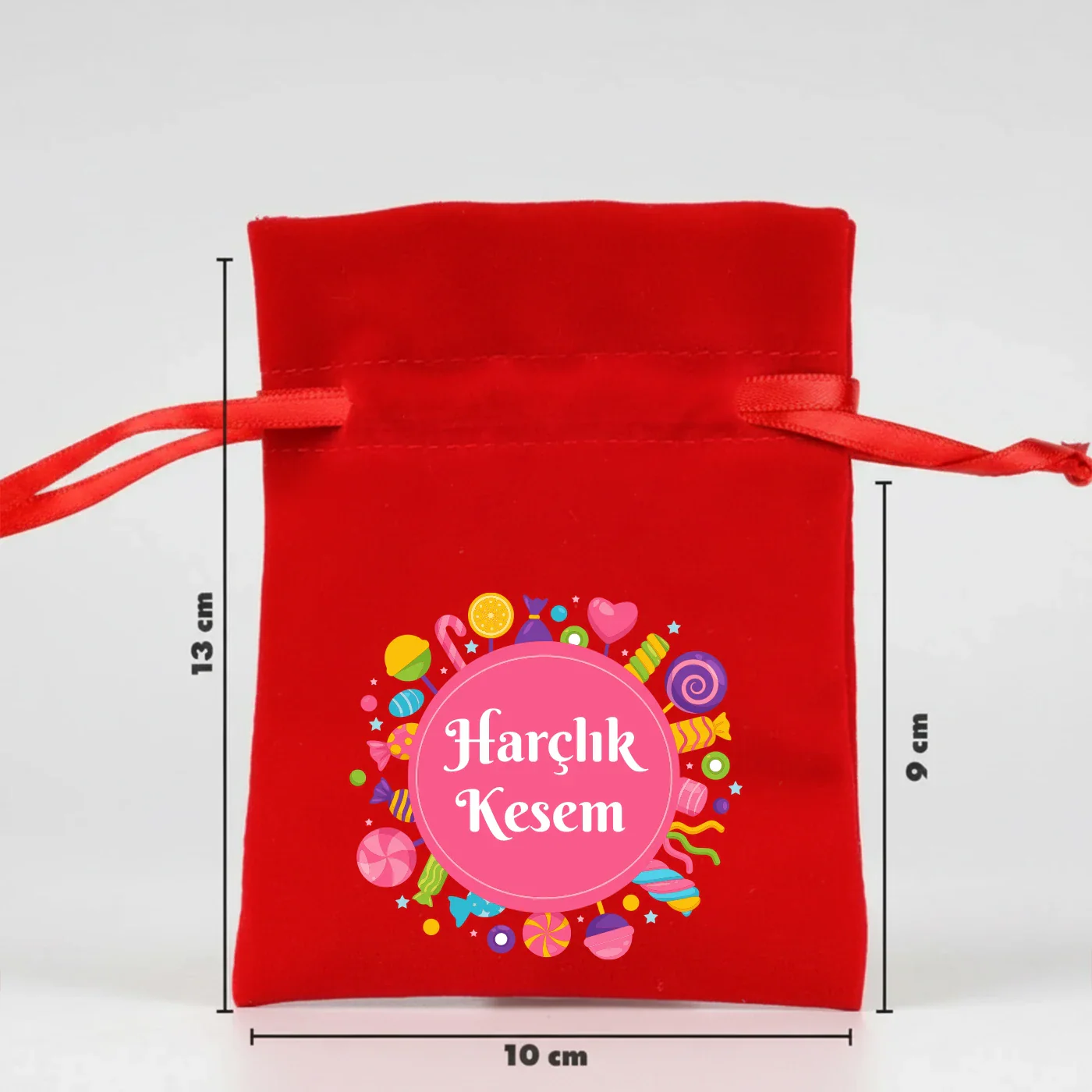 10x13 cm Kırmızı Kadife Gül Kese - Bayram Harçlık Kesesi