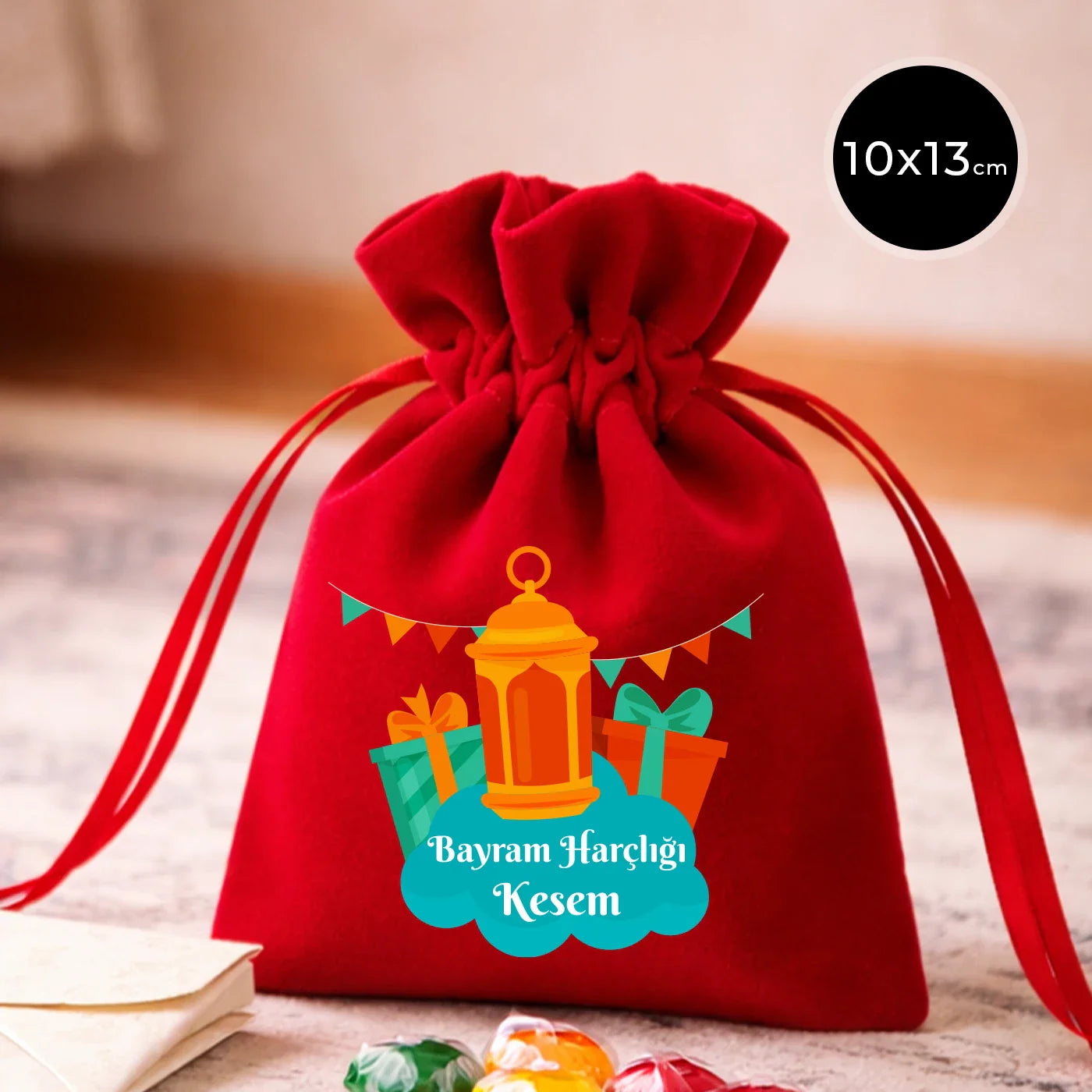 10x13 cm Kırmızı Kadife Gül Kese - Bayram Harçlık Kesesi