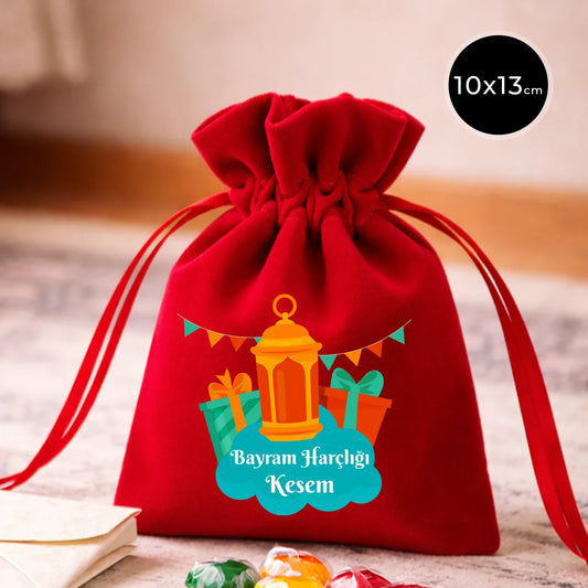 10x13 cm Kırmızı Kadife Gül Kese - Bayram Harçlık Kesesi