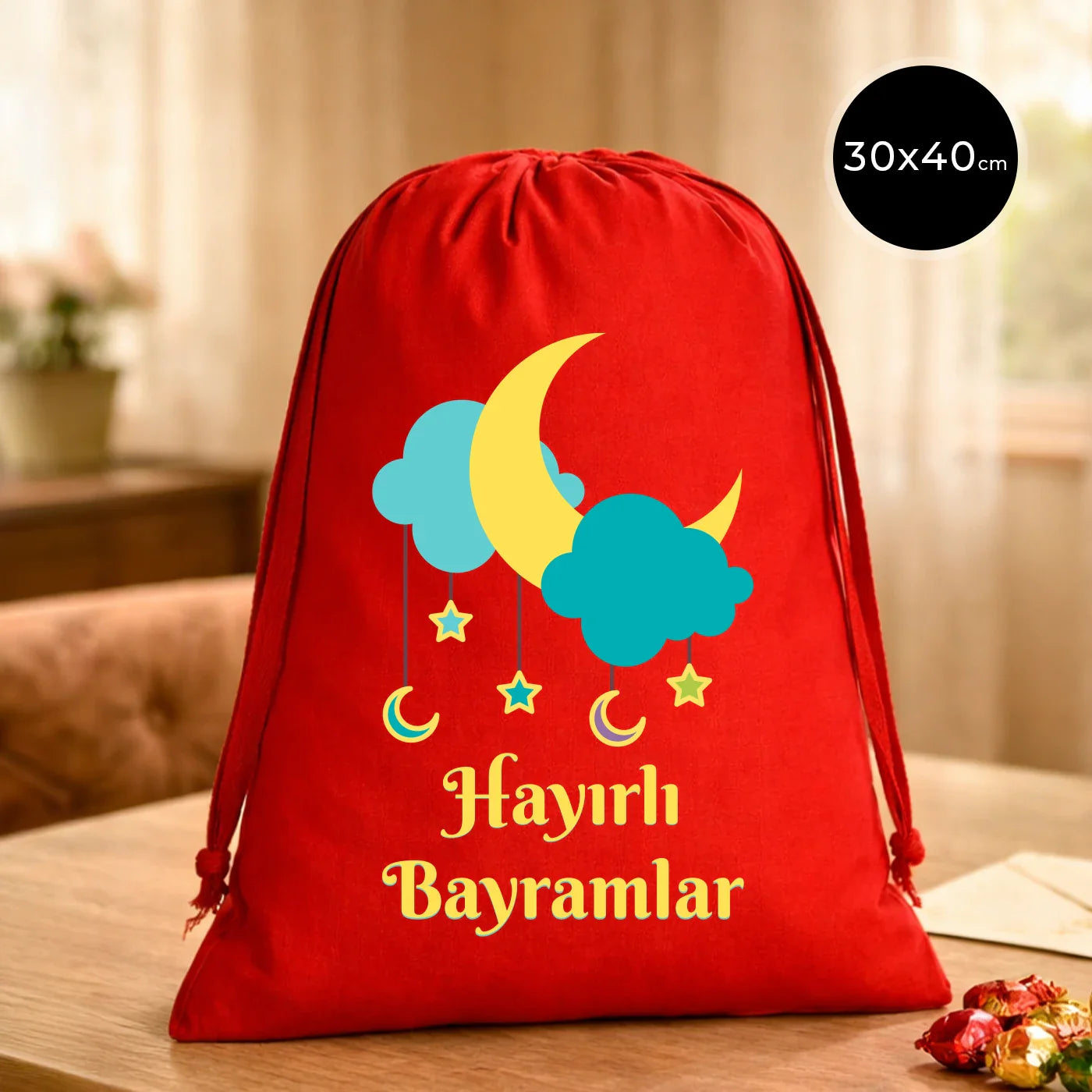 30x40 cm Kırmızı Bez Kese - Bayram Çantası