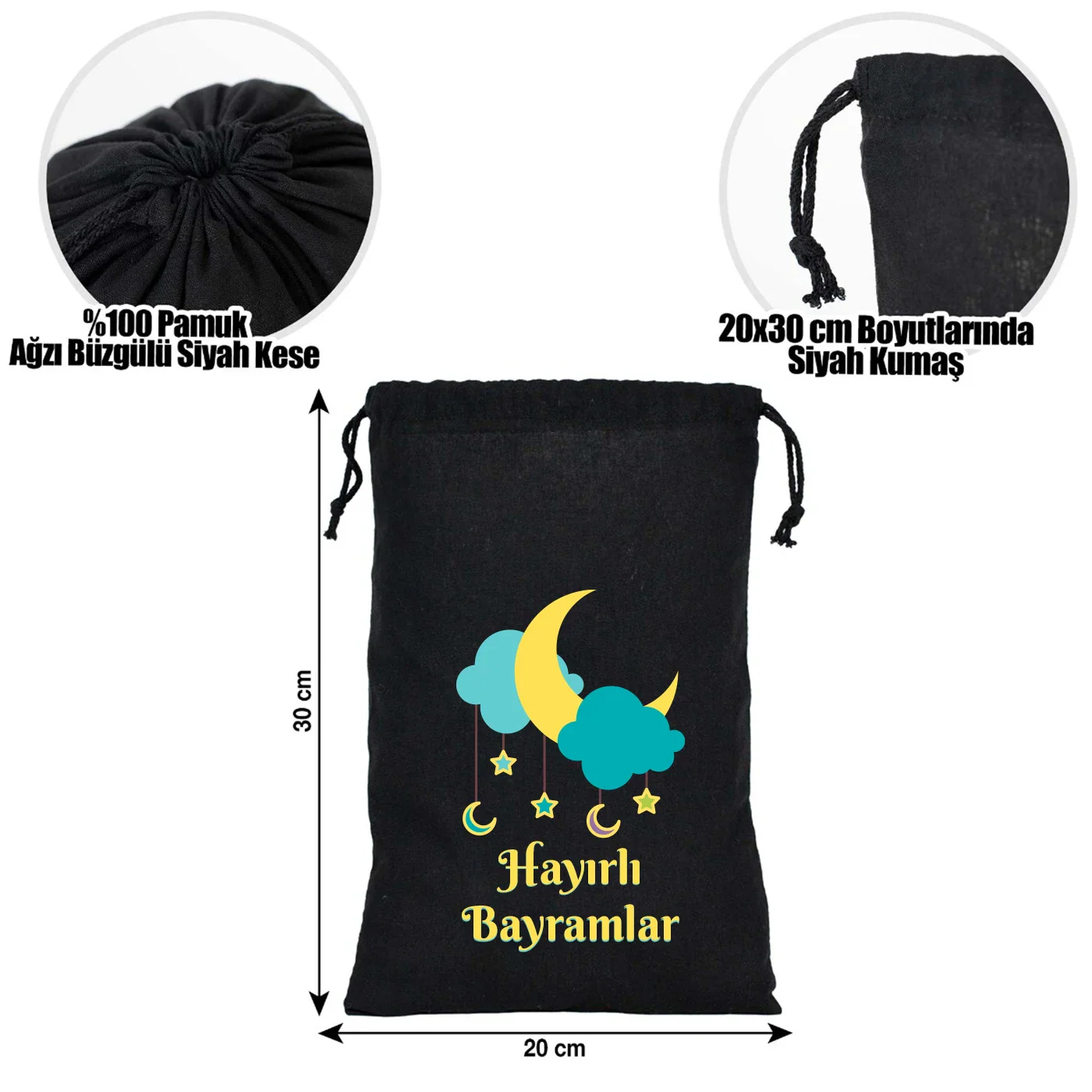 20x30 cm Siyah Bez Kese - Bayram Kesesi - farklı açı