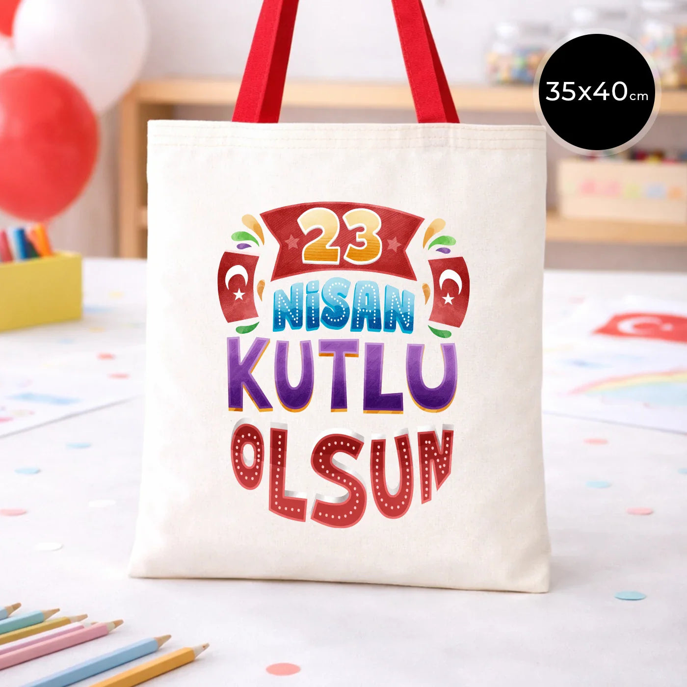 35x40 cm Kırmızı Kulp Ham Bez Çanta Baskılı - 23 Nisan Hediyesi