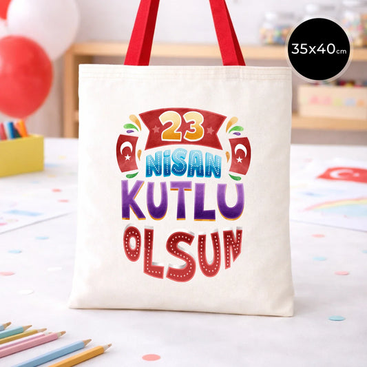 35x40 cm Kırmızı Kulp Ham Bez Çanta Baskılı - 23 Nisan Hediyesi