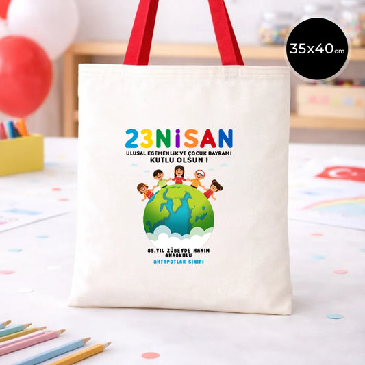 35x40 cm Kırmızı Kulp Ham Bez Çanta Baskılı - 23 Nisan Hediyesi
