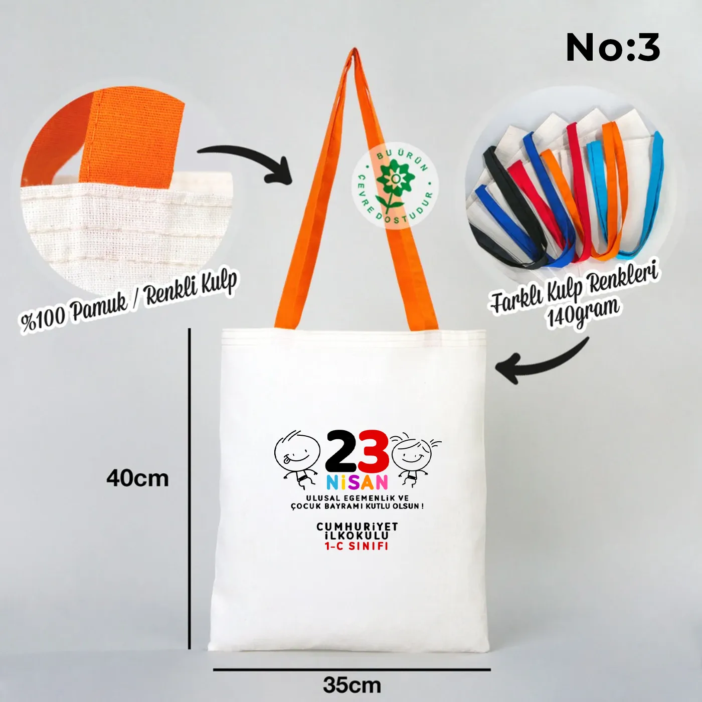 35x40 cm Turuncu Kulp Ham Bez Çanta Baskılı - 23 Nisan Hediyesi - yakın çekim