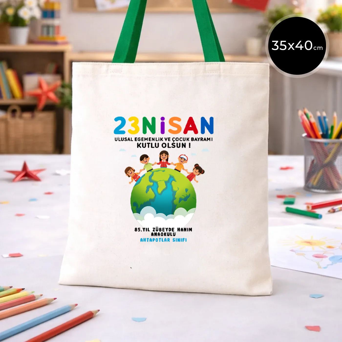 35x40 cm Yeşil Kulp Ham Bez Çanta Baskılı - 23 Nisan Hediyesi