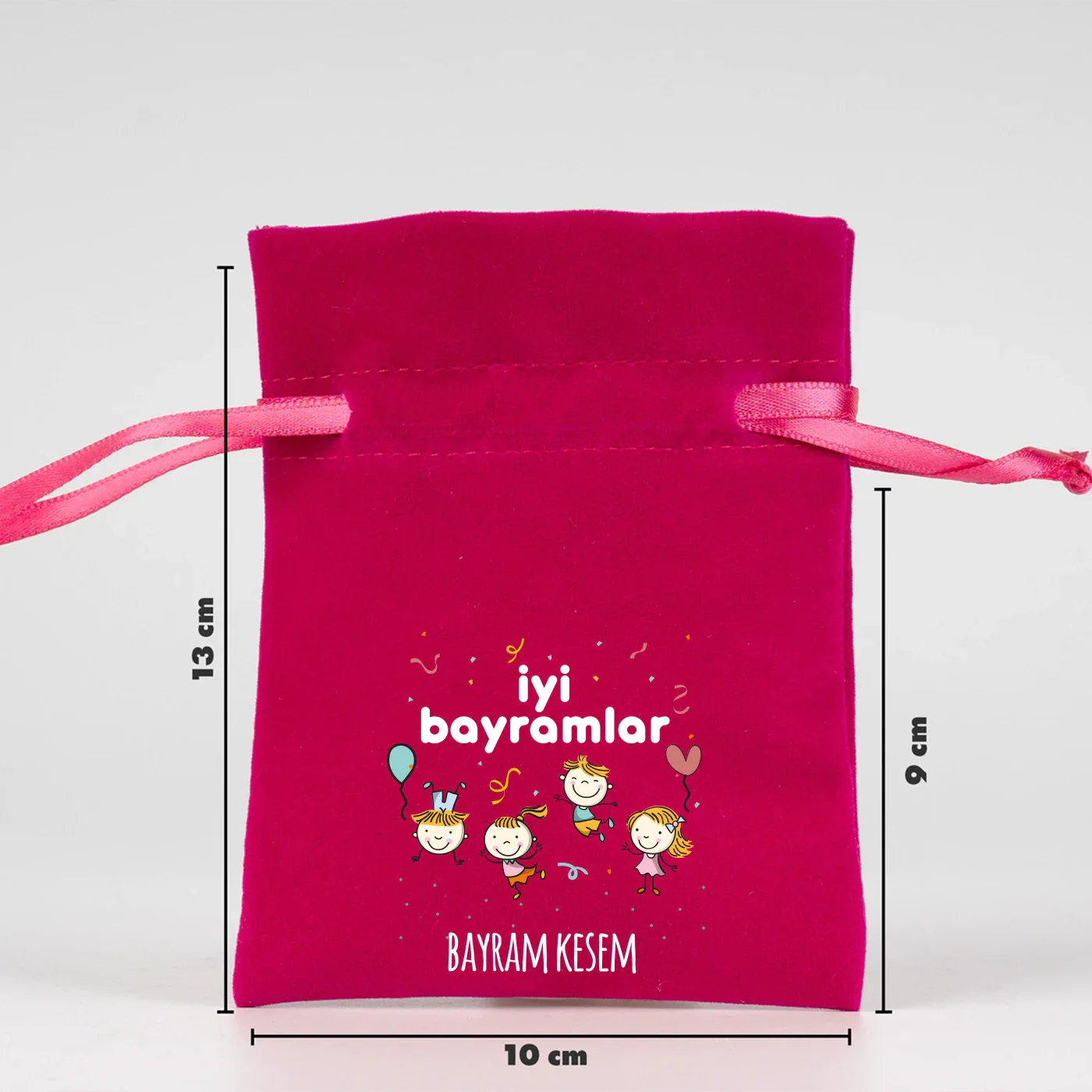 10x13 cm Fuşya Kadife Gül Kese - Bayram Harçlık Kesesi - farklı açı