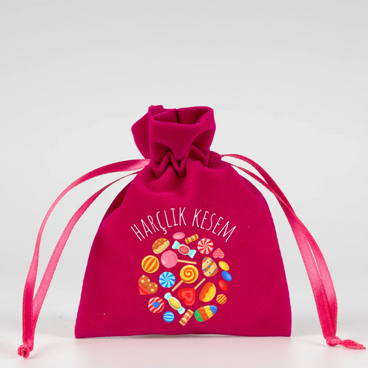 10x13 cm Fuşya Kadife Gül Kese - Bayram Harçlık Kesesi