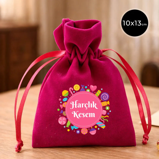 10x13 cm Fuşya Kadife Gül Kese - Bayram Harçlık Kesesi