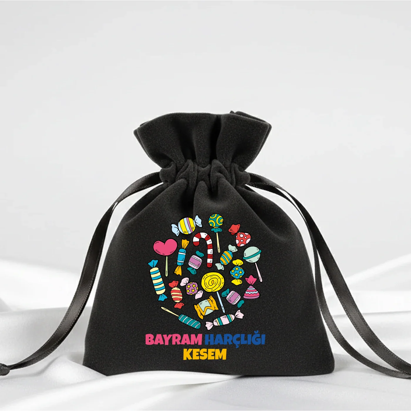 10x13 cm  Antrasit Kadife Gül Kese -  Bayram Harçlık Kesesi - detay görünüm