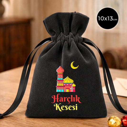 10x13 cm  Antrasit Kadife Gül Kese -  Bayram Harçlık Kesesi