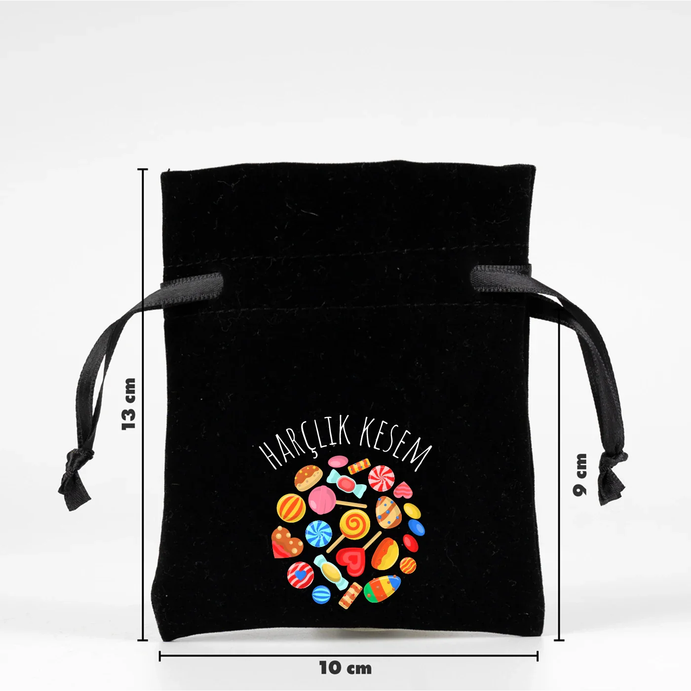 10x13 cm Siyah Kadife Gül Kese -  Bayram Harçlık Kesesi - farklı açı