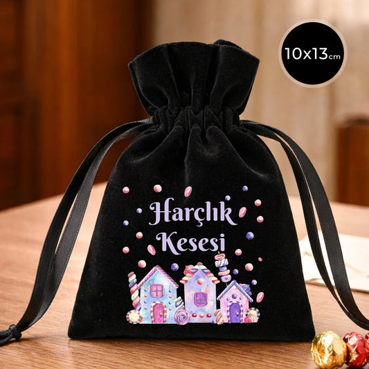 10x13 cm Siyah Kadife Gül Kese -  Bayram Harçlık Kesesi