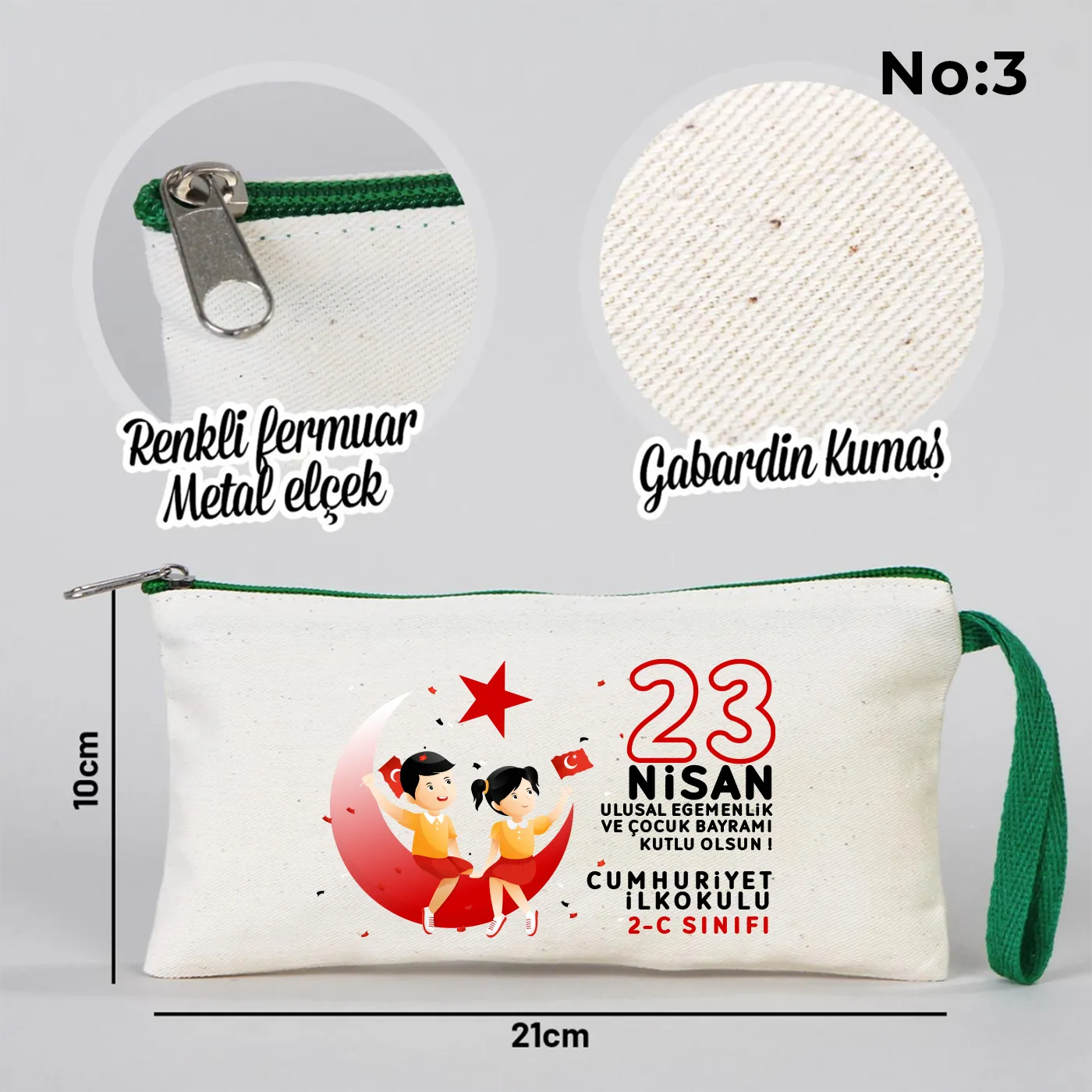 21x10 Bez Kalemlik Yeşil Fermuar - 23 Nisan Hediyesi (Okul-Sınıf Baskılı) - yakın çekim