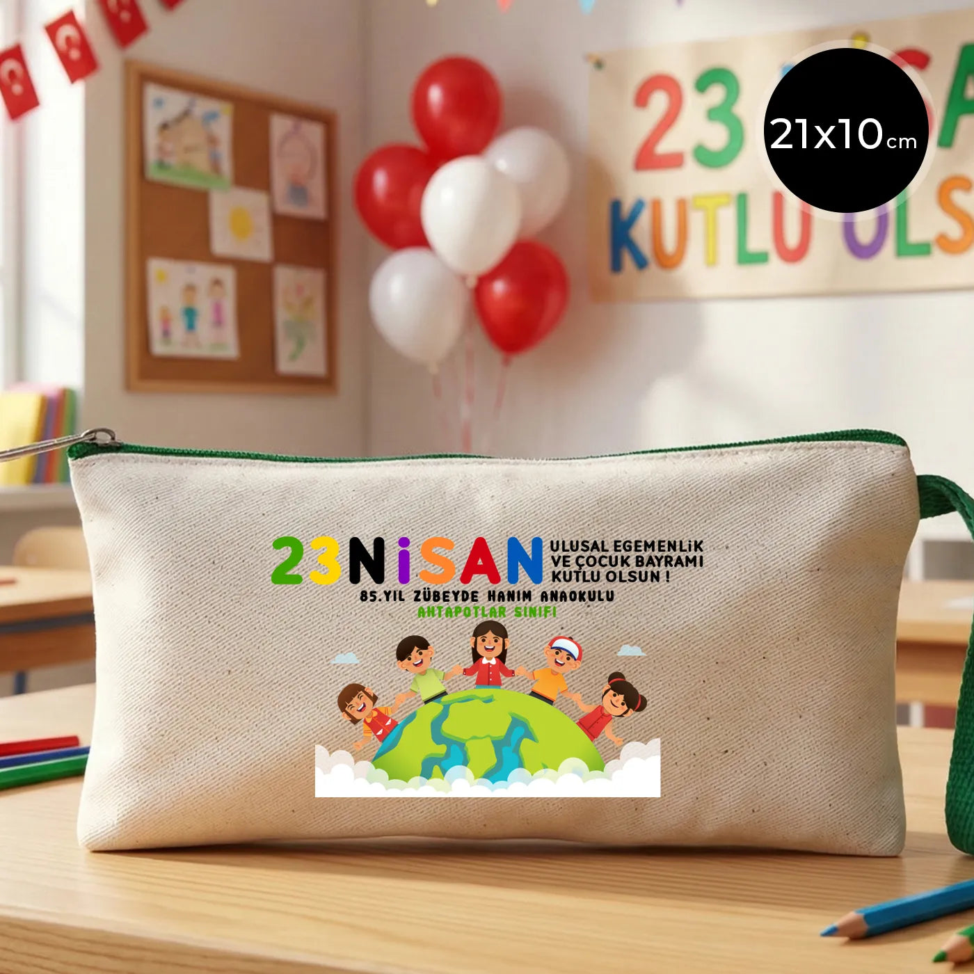 21x10 Bez Kalemlik Yeşil Fermuar - 23 Nisan Hediyesi (Okul-Sınıf Baskılı)