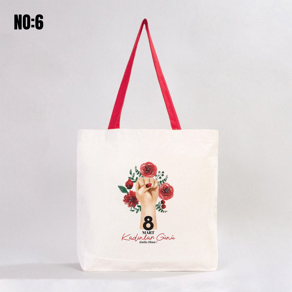 8 Mart Kadınlar Günü Kanvas Plaj Çantası 48x41x10 cm - Renkli Kulp - görsel 13
