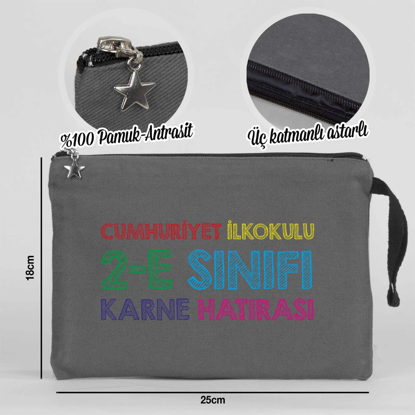 Antrasit karne günü temalı kanvas clutch çanta, okul figürlü ve özelleştirilebilir karne hediyesi tasarımı